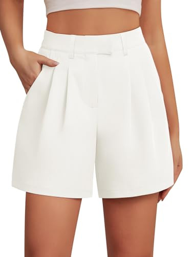 Feiersi Womens Casual Elastic Waist Wide Leg Suit Tailored Shorts Summer Dressy Work Shorts with Pockets(White,Small) | Amazon (US)