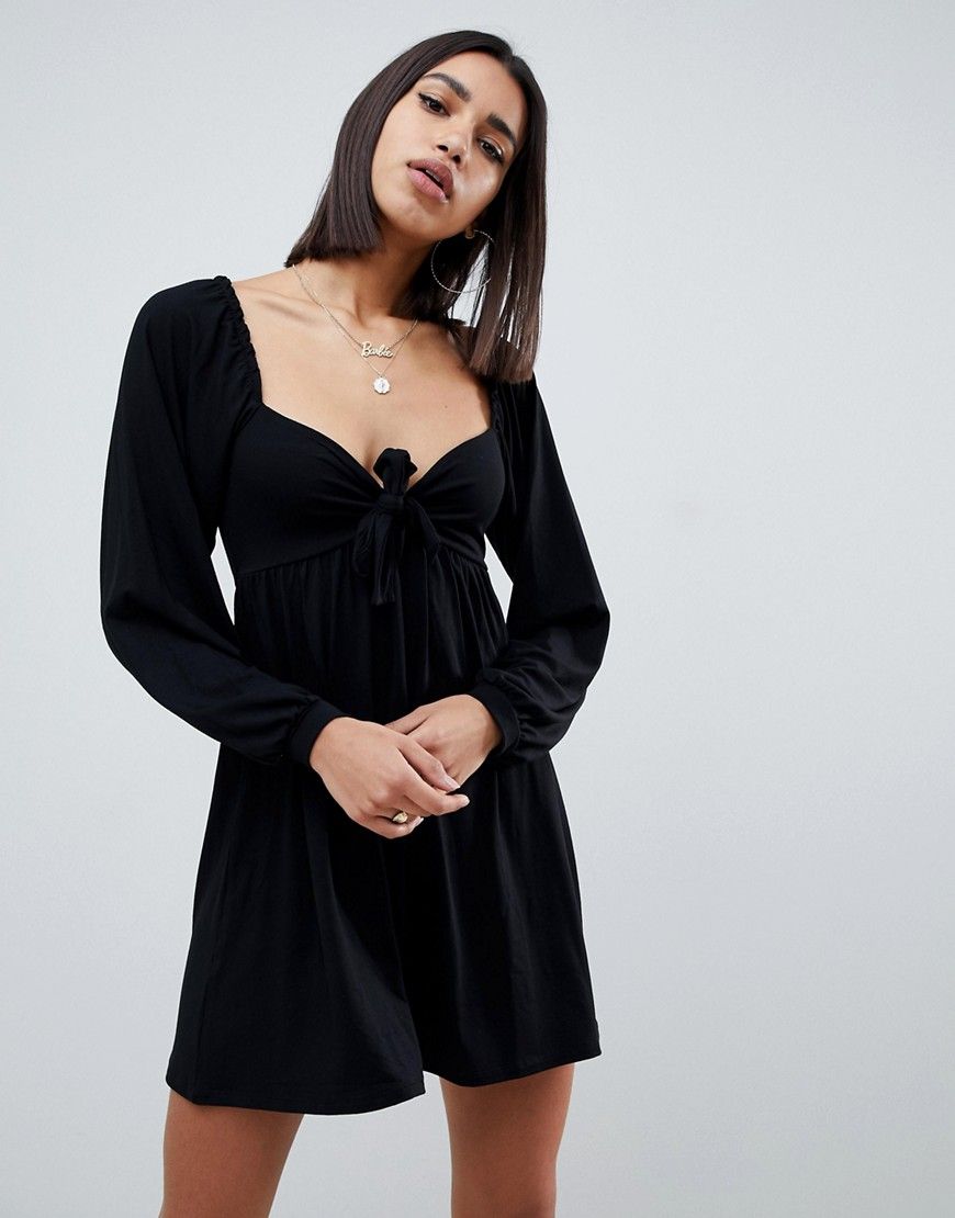 ASOS DESIGN mini dress with sweetheart neck and tie front - Black | ASOS US