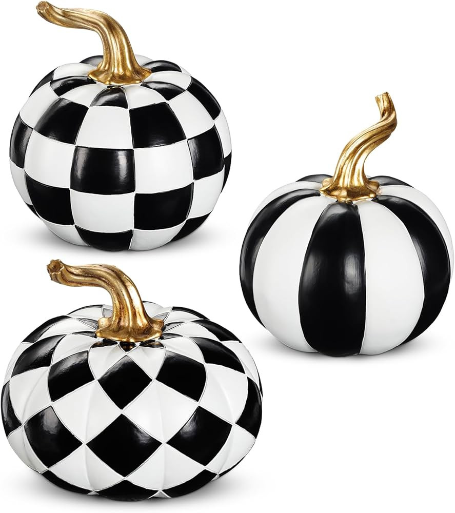 Briful Set of 3 Halloween Black and White Resin Pumpkins – Modern Fall Decorative Pumpkin Set w... | Amazon (US)