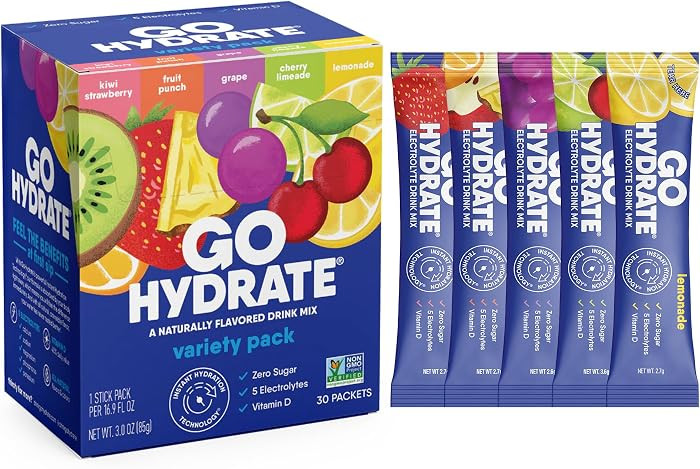 GoHydrate Low Sodium Electrolytes Powder Packets Sugar Free - Instant Hydration Daily Drink Mix - Zero Sugar Water Flavor Packet Singles with Vitamin D - (Variety Pack, 30 Packs) | Amazon (US)