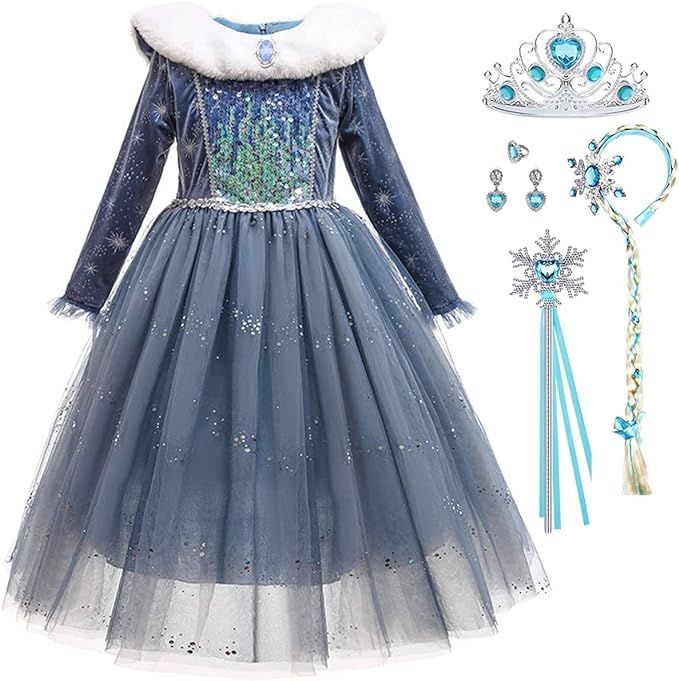 Luzlen Toddler Elsa Costume Girls Blue Princess Dress Snow Queen Outfits for Halloween Christmas ... | Amazon (US)
