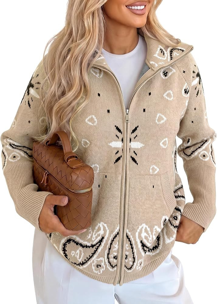 Cicy Bell Women Zip Up Cardigan Sweater Stand Collar Knit Printed Sweater | Amazon (US)