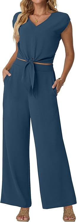 Amazon.com: Lepunuo Two Piece Outfits for Women V Neck Belted Cap Sleeve Crop Tops Wide Leg Pant ... | Amazon (US)