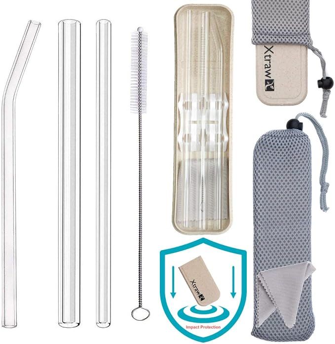 XTRAW Premium Reusable Glass Drinking Straws with Carrying Case and Protective Pouch Bag, Set of ... | Amazon (US)