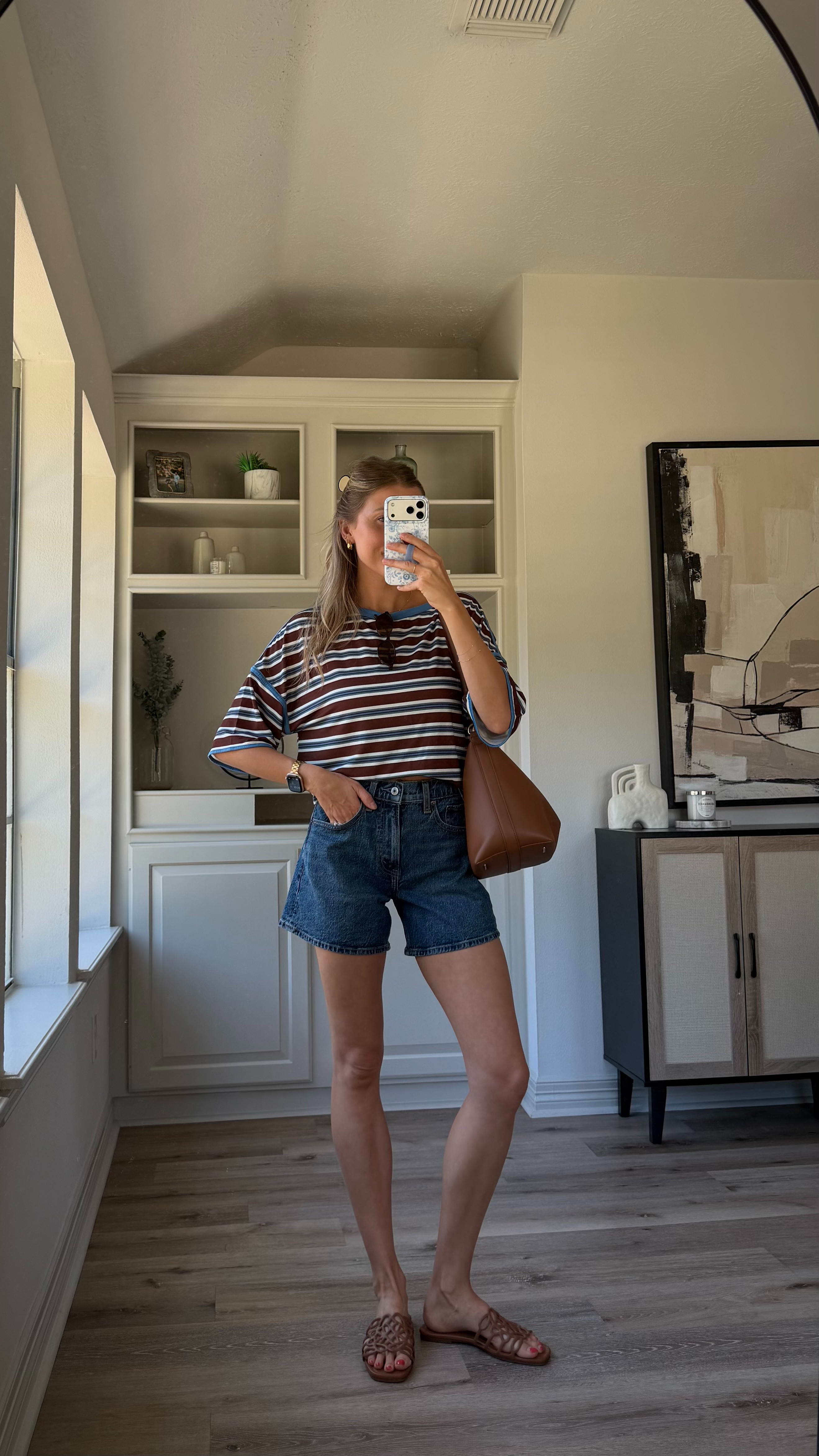 Cute, casual mom outfit | S in stripe tee, 26 in dad shorts!  

 