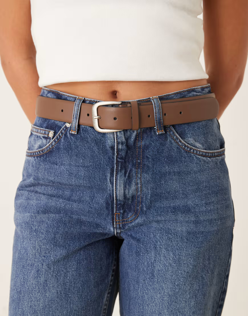 ASOS DESIGN waist and hip classic jean belt in chocolate with antique silver buckle-Brown | ASOS (Global)