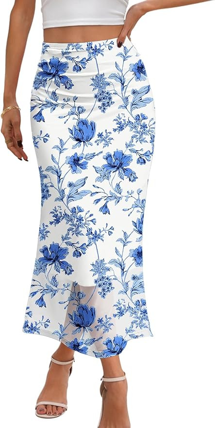 MEROKEETY Women's Summer Floral Mesh Midi Skirt 2026 Casual Trendy High Waist Ruched Boho Skirts | Amazon (US)