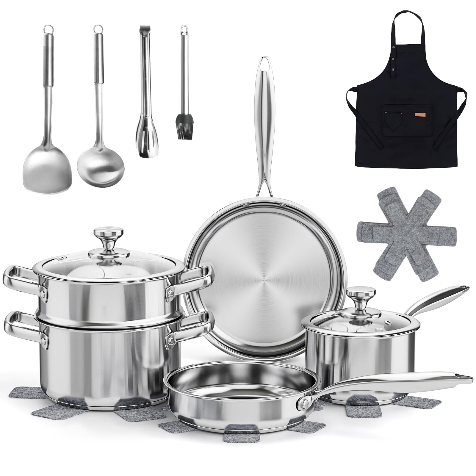 16-Piece Stainless Steel Saucepan Set, Induction Pots and Pans Set with Steamer & Glass Lids, Kit... | Amazon (UK)