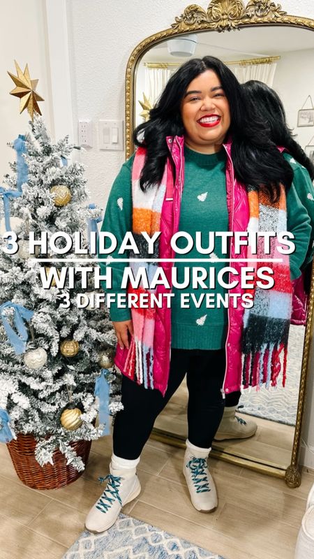 🎄3 HOLIDAY EVENTS 3 LOOKS🎄#ad I’ve partnered with @maurices to create 3 fun looks for 3 different events! Which is your favorite? 1, 2, or 3? #discovermaurices 

🎄OUTFIT 1: I love this green dress for a holiday party! My platform heels are wide width friendly and very comfortable! 

🎄OUTFIT 2: I could totally be an extra in a holiday movie in this outfit! I’m holiday market ready! My puffer vest and tunic sweater are such great lengths AND this scarf would also be a perfect gift!

🎄Cozy holiday shopping or brunch with the gals? Sign me up! This denim skirt and cozy sweater are perfect for the neutral girly who still wants to make it festive! 





#LTKGiftGuide #LTKplussize #LTKHoliday