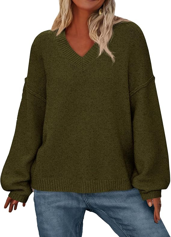 BTFBM Casual Long Sleeve Sweaters for Women Loose V Neck Ribbed Knit Pullover Tops Womens Fall Fa... | Amazon (US)