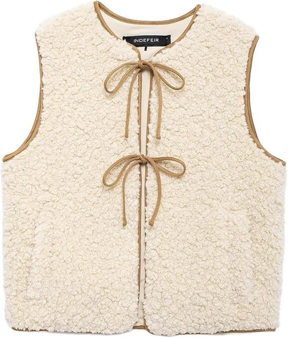 Perbai Women's Fuzzy Fleece Vest Crewneck Sleeveless Sherpa Jacket Tie Front Y2K Cardigan Vest Gi... | Amazon (US)