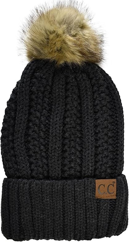 C.C Thick Cable Knit Faux Fuzzy Fur Pom Fleece Lined Skull Cap Cuff Beanie | Amazon (US)