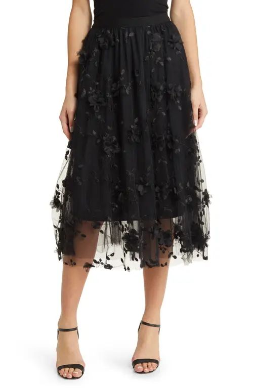 NIKKI LUND Audra Floral Appliqué Chiffon Maxi Skirt in Black at Nordstrom, Size Large | Nordstrom