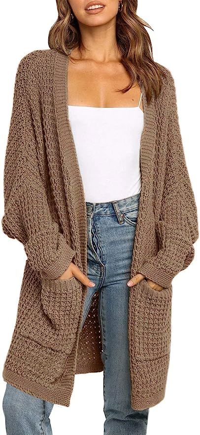 ZESICA Women's Long Batwing Sleeve Open Front Chunky Knit Cardigan Sweater with Pockets | Amazon (US)