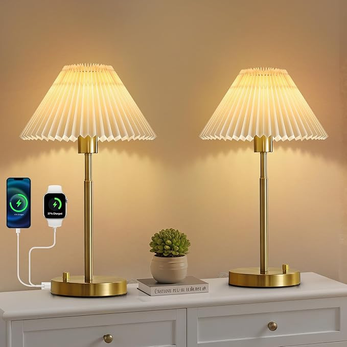 Bedside Table Lamp Set of 2: Dimmable Nightstand Bedside Lamps with USB A and C Ports, Modern Met... | Amazon (US)