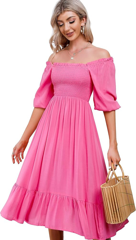 R.Vivimos Women's Summer Cotton Puff Sleeves Casual Vintage Polka Dots Print Off Shoulder Midi Dr... | Amazon (US)