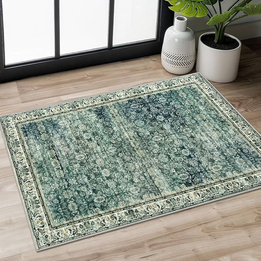 2x3 Green Blue Washable Rugs for Entryway, Soft Distressed Floral Area Rug Vintage Carpet with No... | Amazon (US)