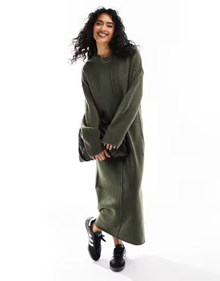 ASOS DESIGN oversized knitted midi dress with crew neck and seam detail in khaki | ASOS (Global)