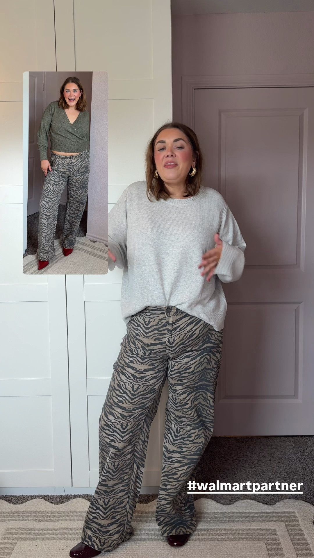 Fall trendy zebra pants outfit wearing 16 in pants but could size down to true size 14! Xxxl in light grey sweater for oversized fit and large in studded sweater. #walmartpartner #walmartstyle @Walmart

#LTKMidsize #LTKootd #LTKgrwm