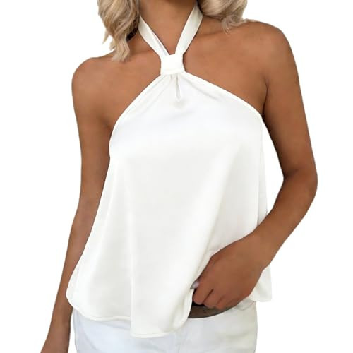 Womens Halter Tops Sexy Sleeveless Backless Tie Silk Satin Top Summer Going Out Tops Streetwear (Lvory, XL) | Amazon (US)
