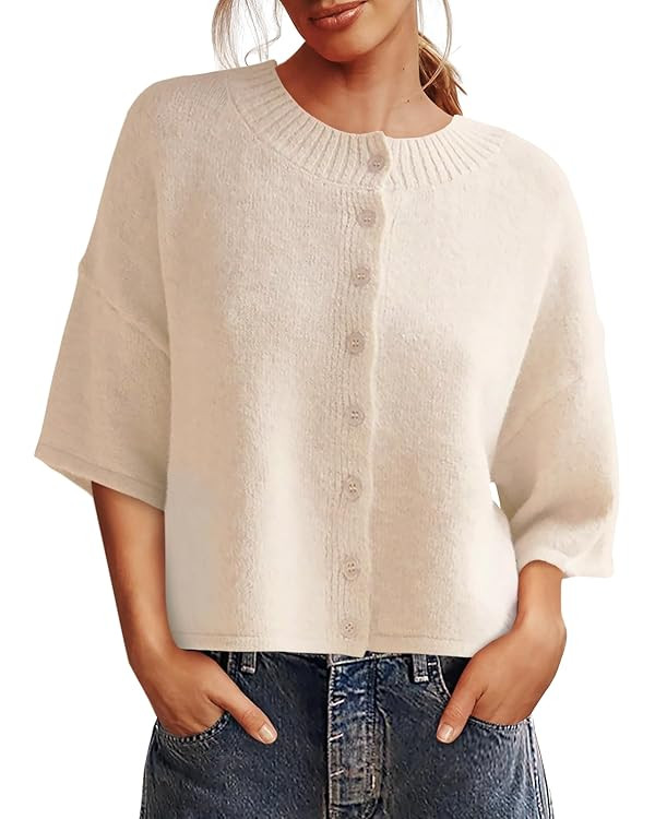 Saodimallsu Womens 3/4 Sleeve Cardigan Sweater Button Down Cropped Crewneck Cardigan 2025 Fall Ca... | Amazon (US)
