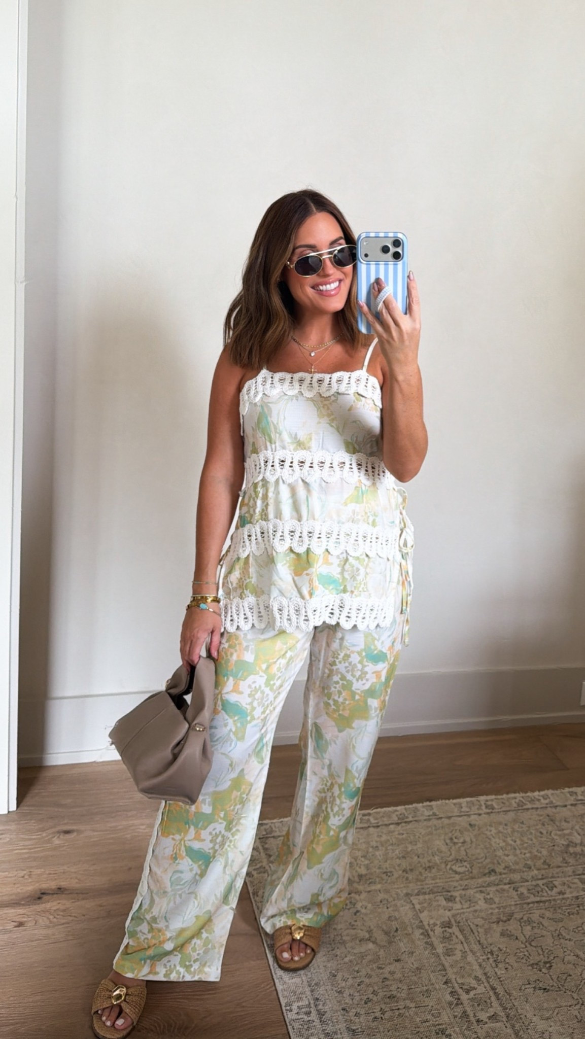 Wearing a small in this Amazon set - it’s 10/10 quality and so cute for summer! Features split hem top that ties on the sides + has adjustable straps. Pants have elastic waist & wide leg fit. Love the color and crochet detail! 

Will also link my designer look alike sunglasses & handbag. Sandals are from Target are run tts! 

Currently 25 weeks pregnant. 

Summer set, maternity, bump friendly, Amazon, sunglasses, summer bag, vacation look, resort look

#LTKootd #LTKmomlife #LTKBump