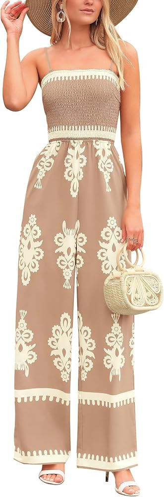 PRETTYGARDEN Women's Summer Boho Jumpsuits One Piece Beach Vacation Outfits Spaghetti Strap Wide ... | Amazon (US)