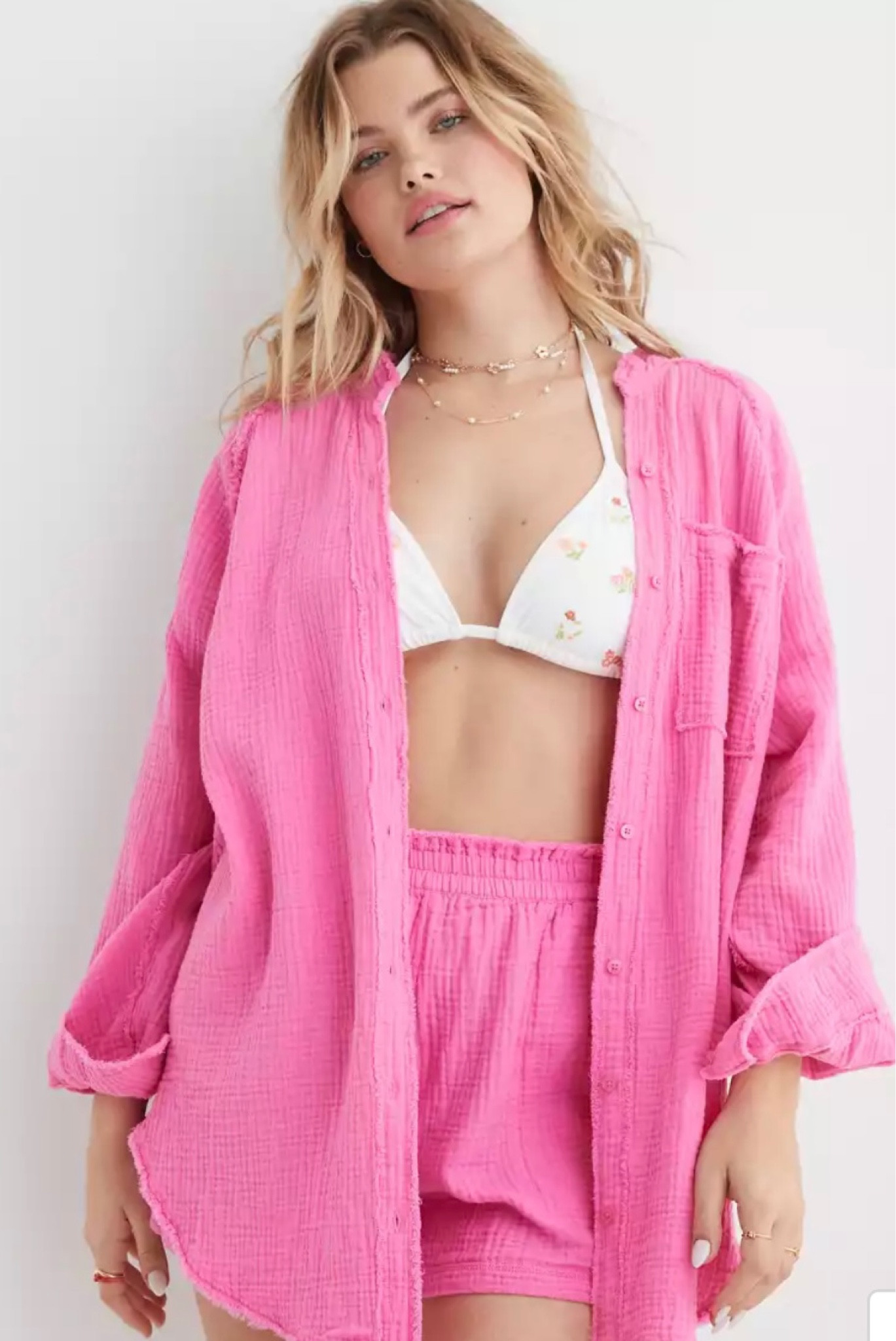 Aerie pool to party button down coverup & matching shorts set 