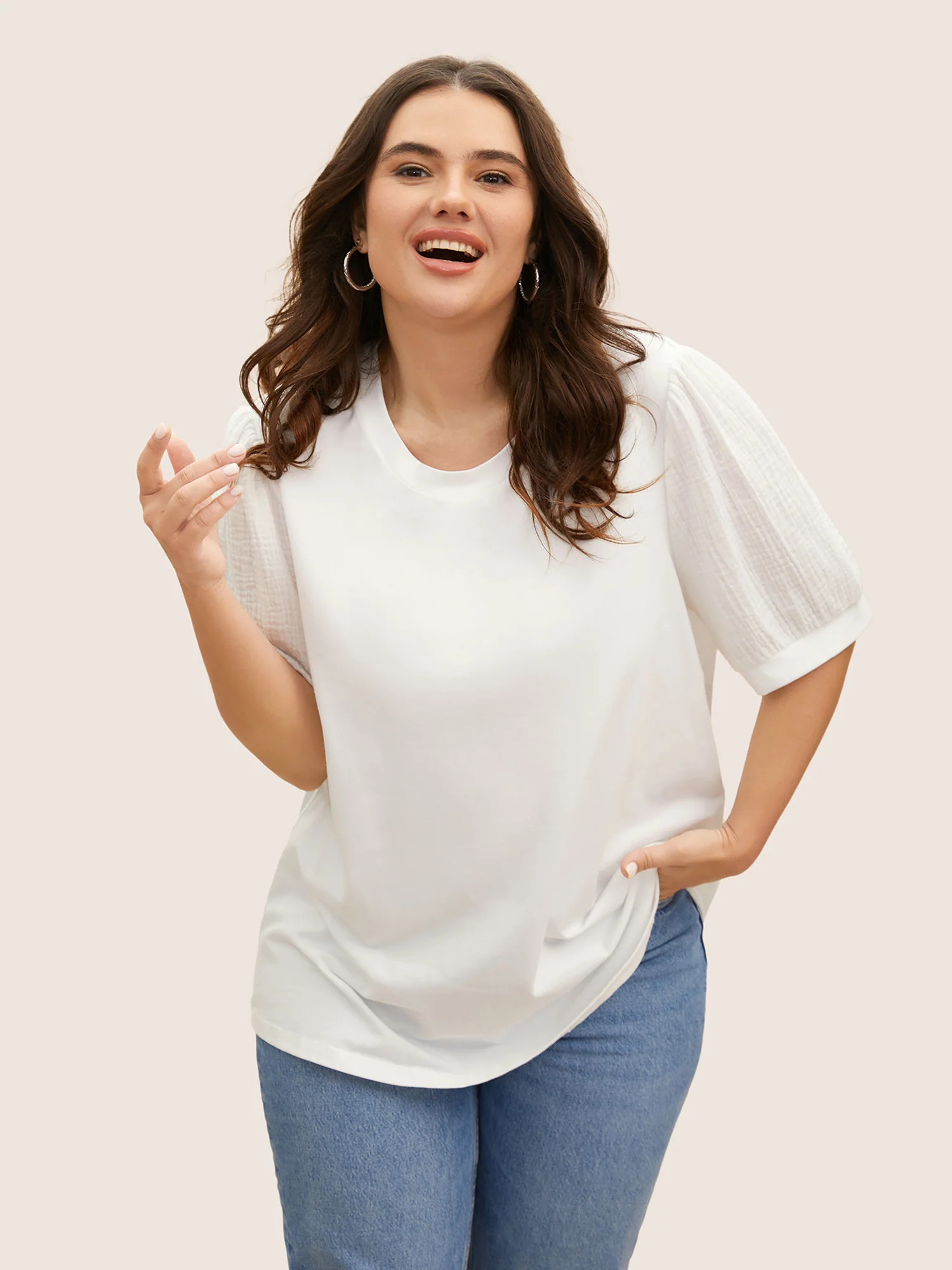 Plain Textured Patchwork Lantern Sleeve T-shirt | Bloomchic
