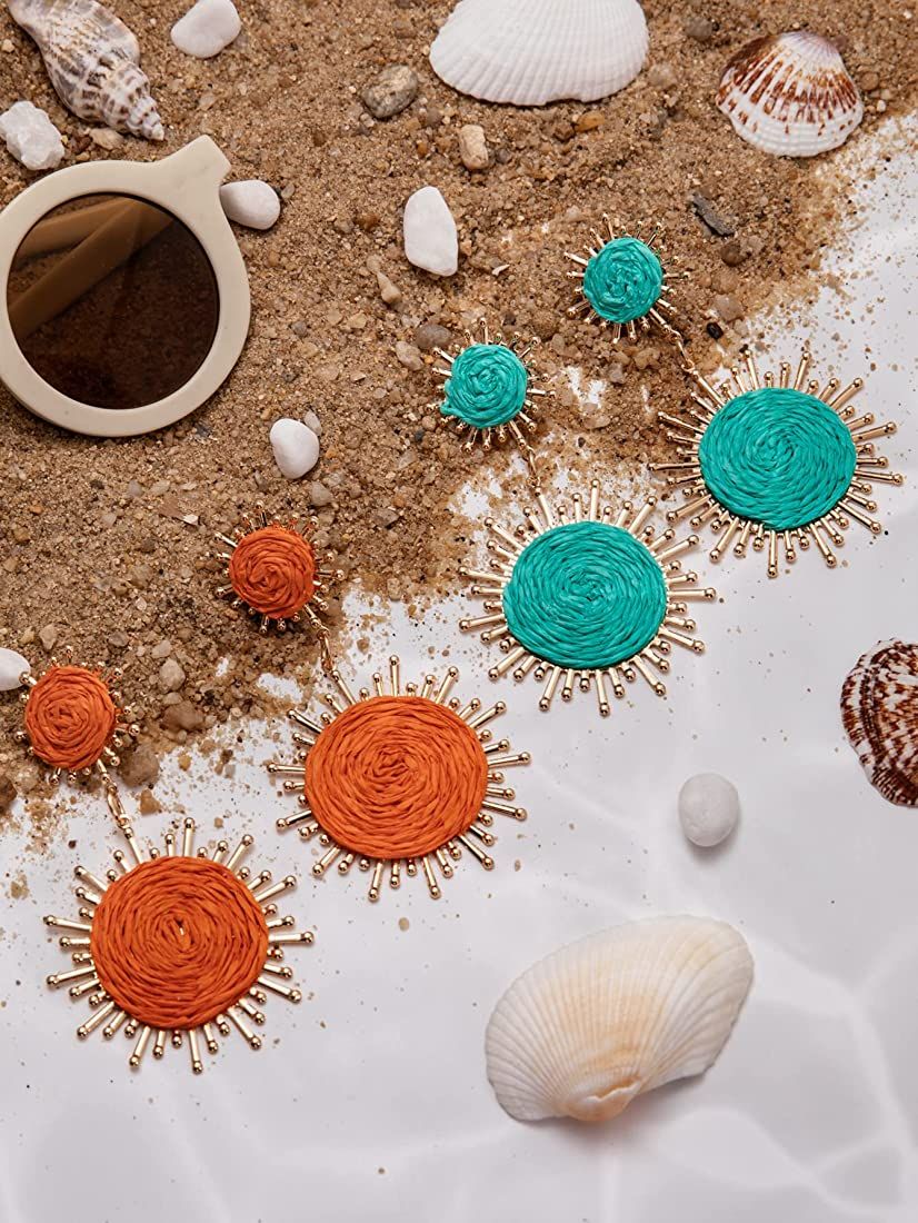 Handmade Raffia Dangle Earring - Boho Statement Sunburst Earrings for Summer Beach Vacation | Amazon (US)