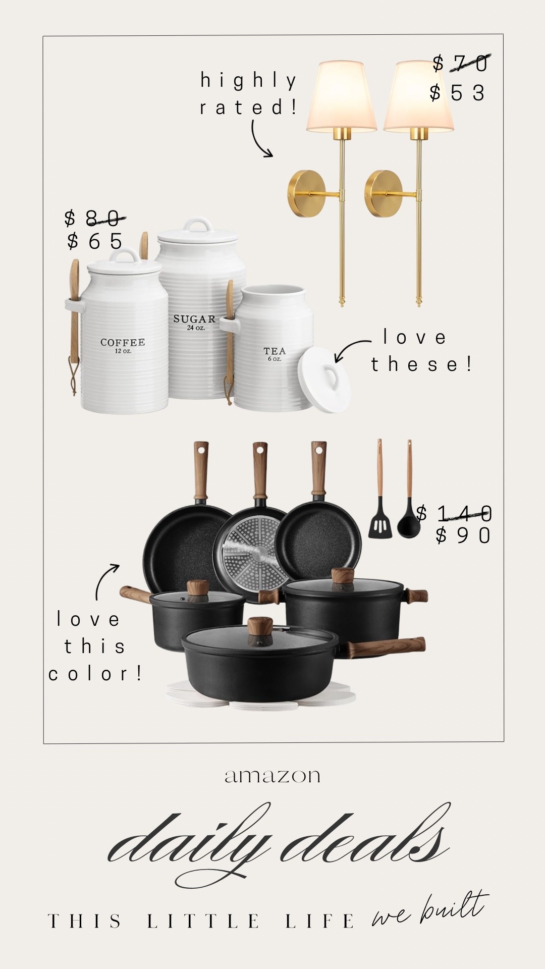 Amazon daily deals! 


Carote pans, coffee, tea, sugar canister, wall sconces, lights 

#LTKHome #LTKSaleAlert #LTKU