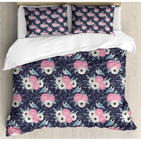 Floral Duvet Cover Set King Size, Winter Flowers Birds Pink Camellias with White Anemone Petals Carn | Walmart (US)