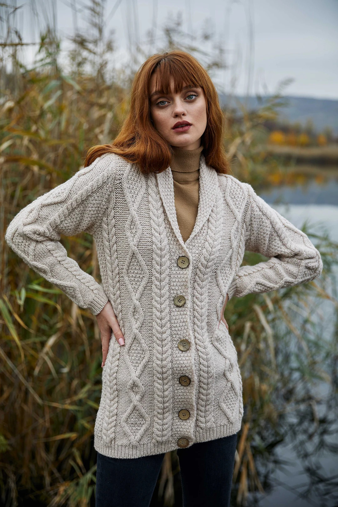 Aran Traditional Ladies Shawl Neck Cardigan Sweater for Women - Etsy | Etsy (US)