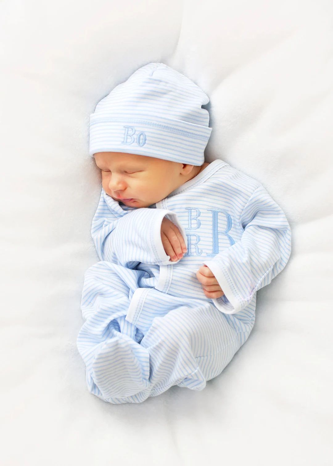 Baby Boy Coming Home Outfit, Baby Gift, Monogrammed Footie, Monogrammed Sleeper, Blue Mini Stripe... | Etsy (US)