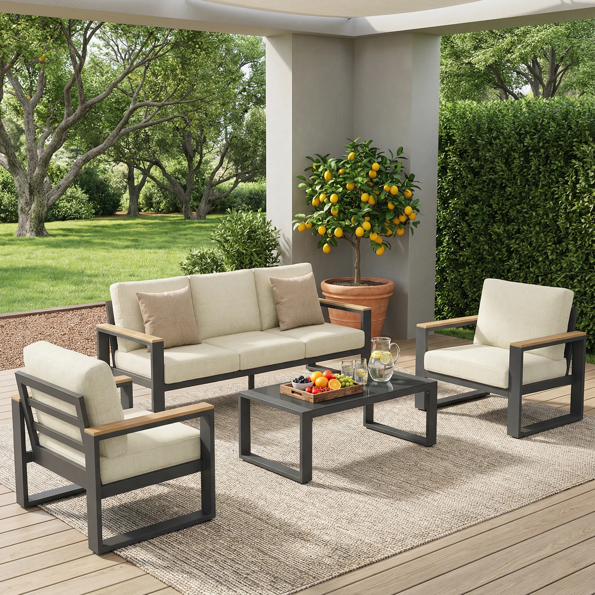 All Aluminum Outdoor Furniture Set for all Weather, 5-Person Patio Furniture Set with Wood Armres... | Wayfair North America