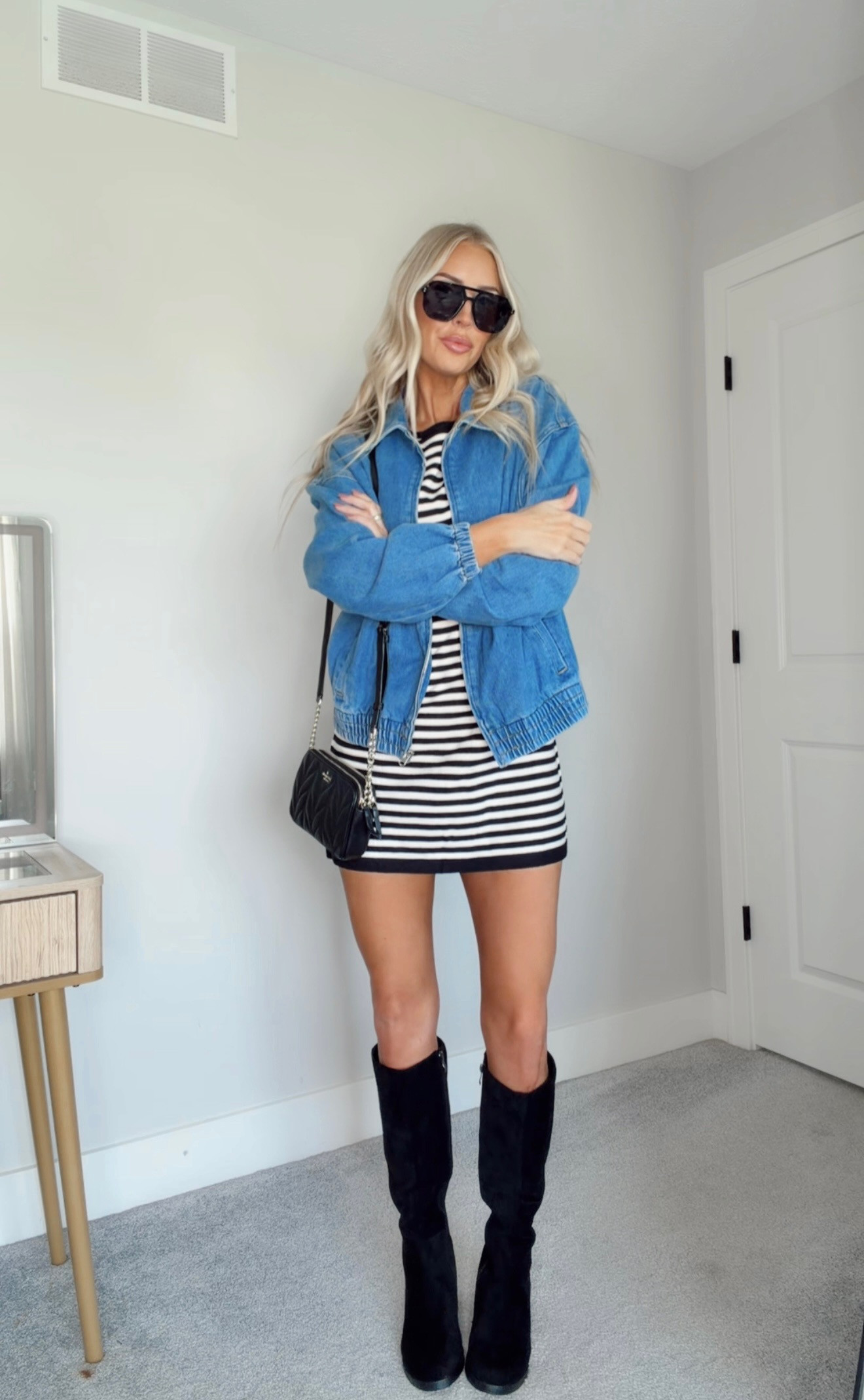 Layered up with a denim jacket and knee-high boots. Perfect for chilly days! 

 #LTKCon #LTKgrwm #LTKootd