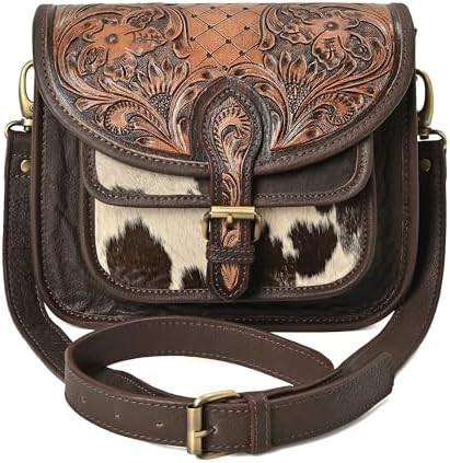 Merbaa Leather Crossbody Bag Hand-Tooled Cowhide Hair-On Western Crossbody Bag for Women – Flor... | Amazon (US)
