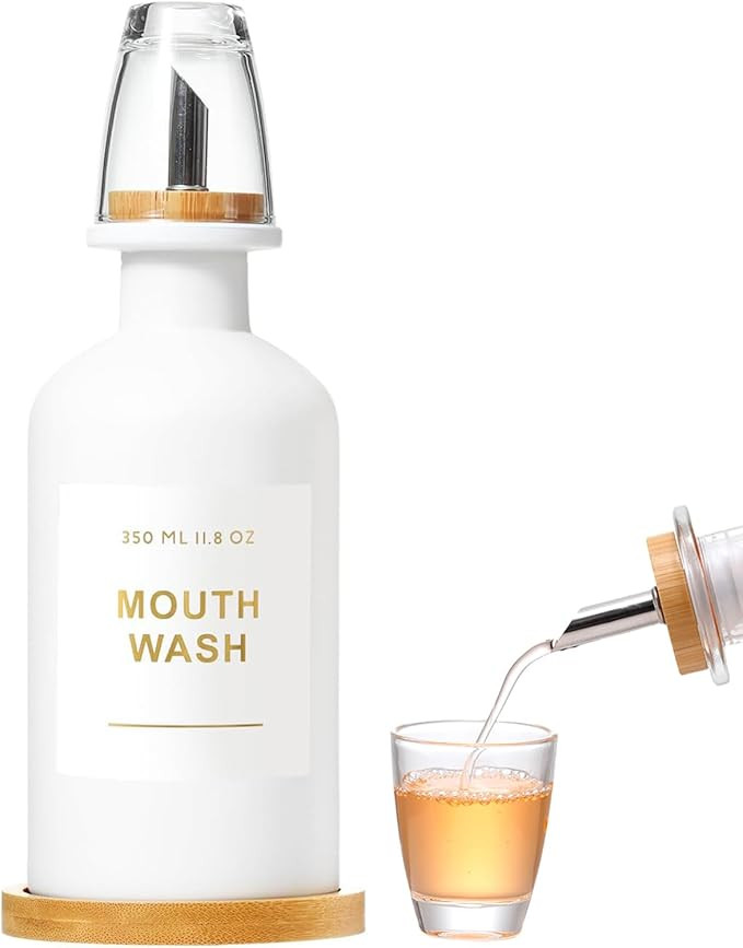 11.8OZ Mouthwash Dispenser for Bathroom with Bamboo & Stainless Steel Pour Spout, Mouthwash Cup R... | Amazon (US)