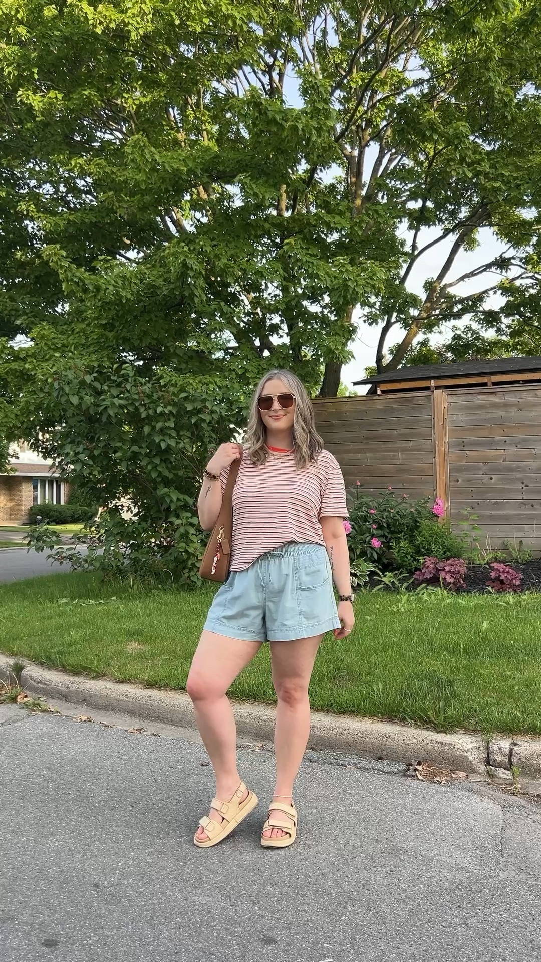 Comfy casual summer outfit! Wearing my usual size L in the shorts, sized up to XL in the striped tee for a looser fit. Linked similar platform sandals

#LTKsummer #LTKsale #LTKmidsize