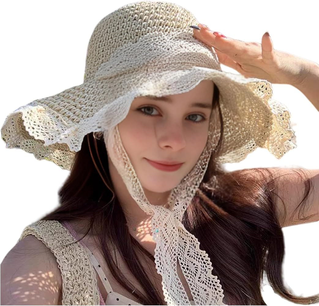 Ladies Wide Brim Beach Straw Hat Summer Vacation Sun Protection Hat Braided Lace Edge Hat Soft Fo... | Amazon (US)