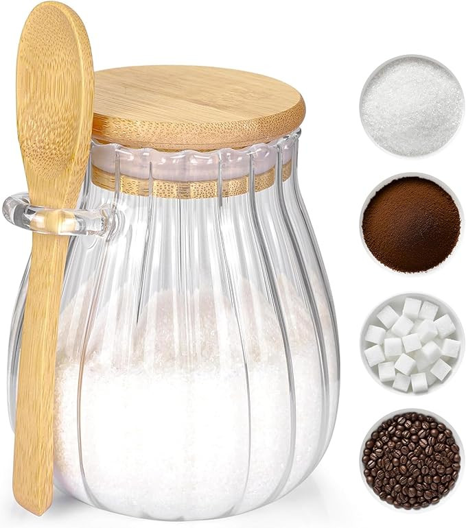 Sugar Container with Bamboo Lid and Spoon,15 oz Sugar Bowl Glass Jar for Coffee Bar Accessories C... | Amazon (US)