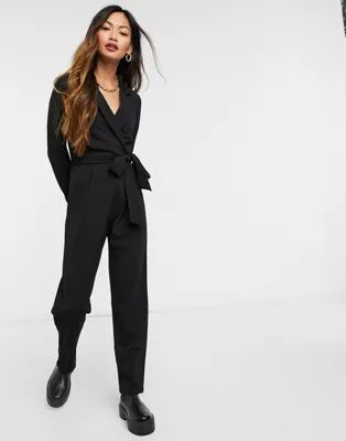ASOS DESIGN long sleeve tux crepe jumpsuit in black | ASOS (Global)