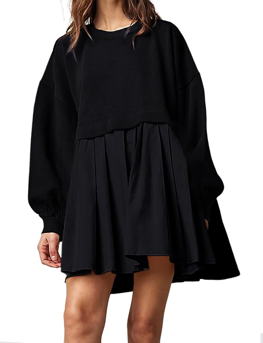 SAFRISIOR Women Oversized Sweatshirt Dress Crew Neck Long Sleeve Patchwork Pullover Tops Baggy Fl... | Amazon (US)
