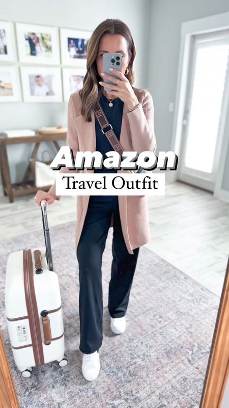 Amazon Travel outfit. Business casual. Work outfit. Elevated casual. Casual little. Amazon coatigan in XS, khaki. Seamless bodysuit in XS. Wide leg pants in XS petite. Nike court legacy lift sneakers (size down half a size because they run a little big). Delsey luggage. 

#LTKtravel #LTKshoecrush #LTKworkwear