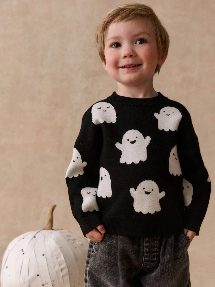Black/White Ghost Halloween Knitted Crew Neck Jumper (3mths-7yrs) | Next US