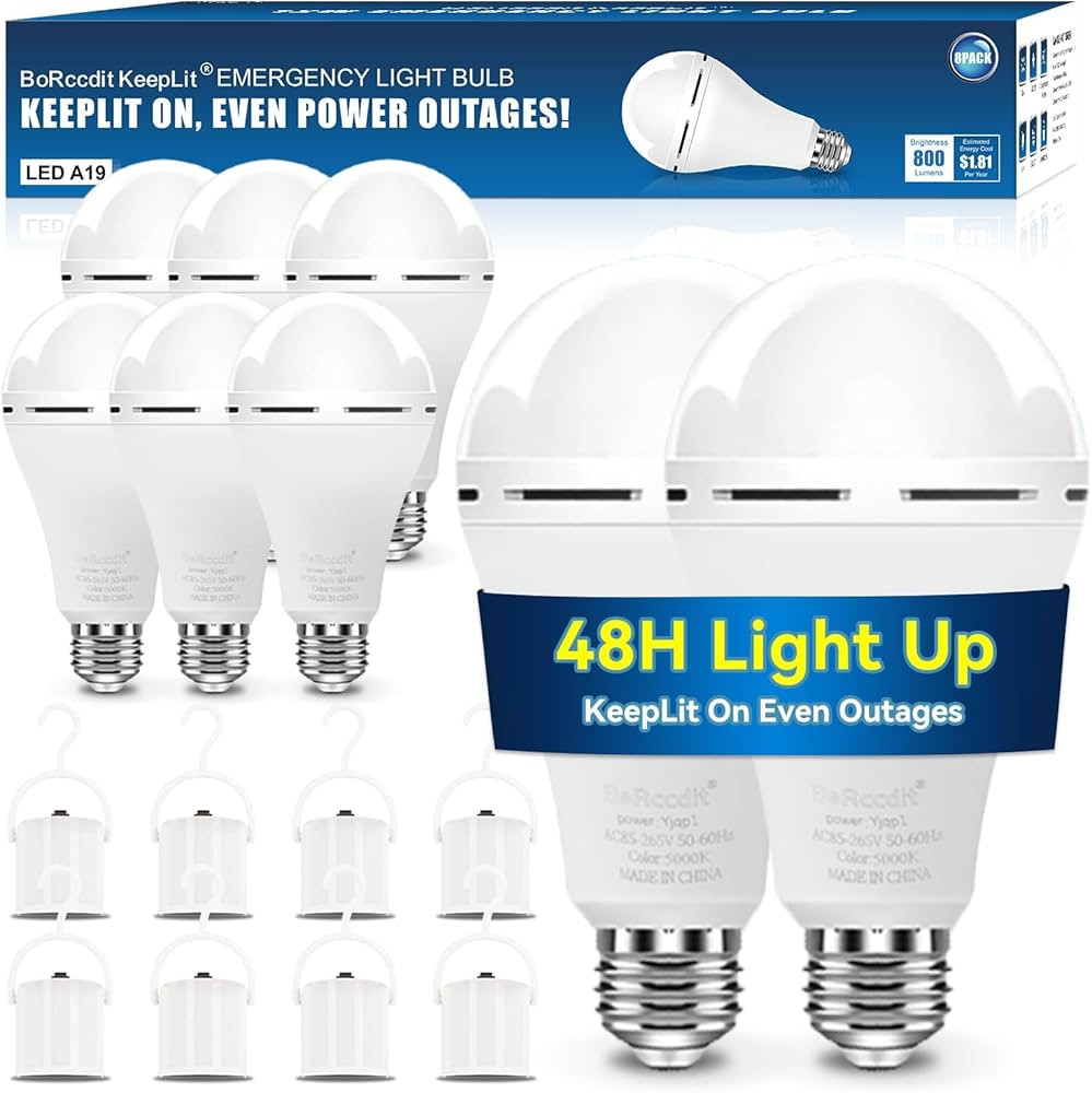 KeepLit 8PK Emergency Rechargeable Light Bulbs, 48H Battery Backup, 3 Brightness Levels, 12W 65W ... | Amazon (US)