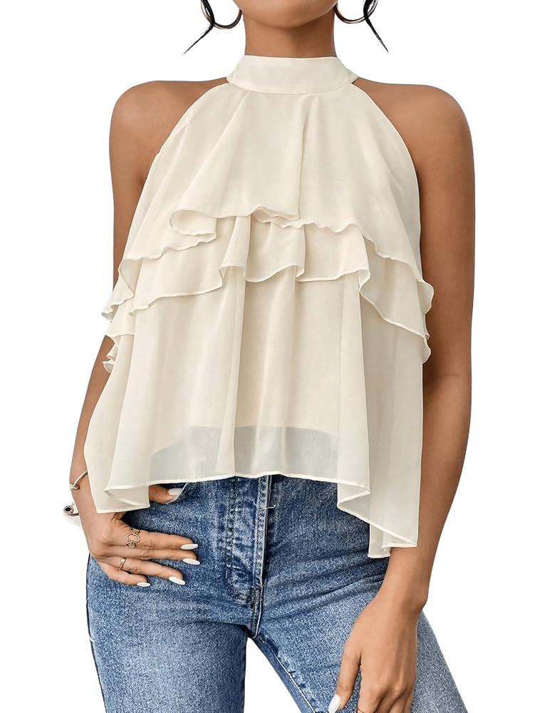 OYOANGLE Women's Layered Ruffle Hem Sleeveless Halter Chiffon Blouse Flowy Tank Tops | Amazon (US)