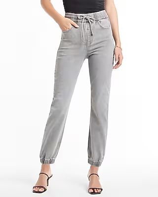 High Waisted Gray Knit Elastic Waist Slim Supersoft Jogger Jeans | Express