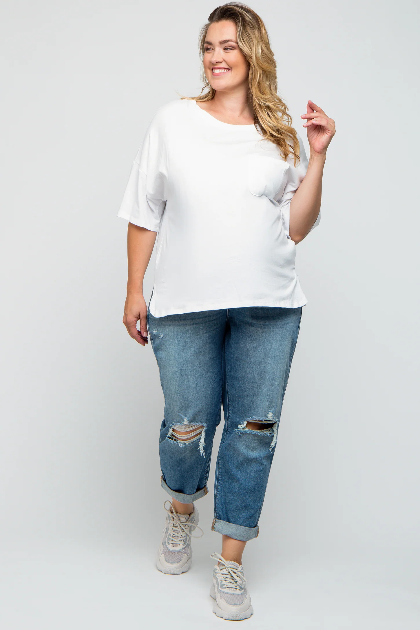 Blue Distressed Knee Cuffed Hem Maternity Plus Jeans | PinkBlush Maternity