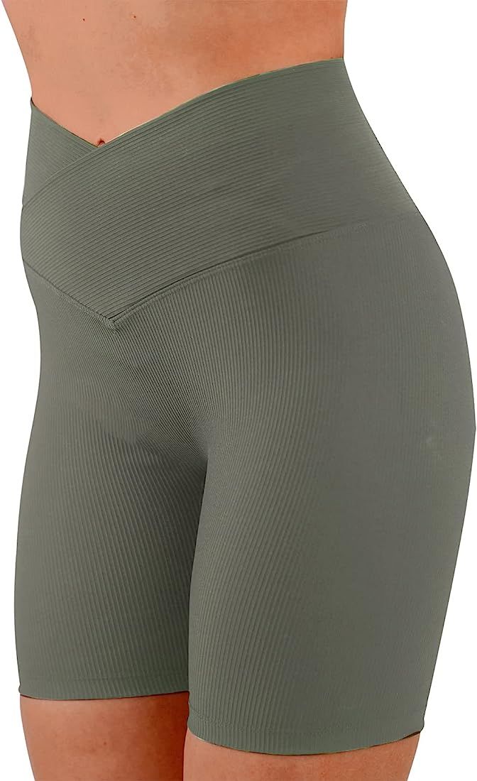 PeachUUga Crossover Biker Shorts Women 5" High Waist Workout Shorts with Pockets Ribbed Athletic ... | Amazon (US)
